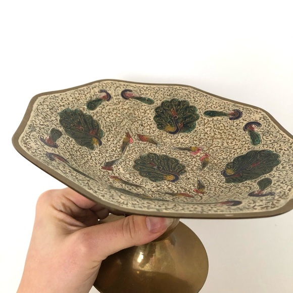 Vintage Brass Pedestal Bowl with Painted Peacock Design - Picture 5 of 6